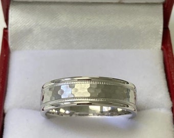 Mens Platinum Wedding Bands, Mens Platinum Wedding Rings, Rings for Men, 6mm Hammered Finish Beveled Edge Platinum Mens Wedding Bands