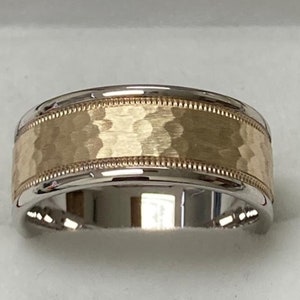 Two Tone Gold Wedding Bands, Hammered Finish Mens Wedding Rings, 8mm 10K 14K 18K White and Yellow Gold Mens Wedding Bands, Rings for Men
