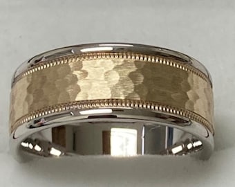 Two Tone Gold Wedding Bands, Hammered Finish Mens Wedding Rings, 8mm 10K 14K 18K White and Yellow Gold Mens Wedding Bands, Rings for Men