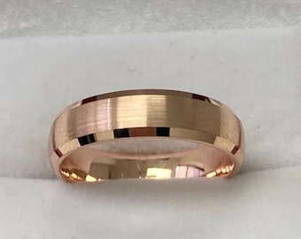 5mm 110K 4K 18K Solid Rose Gold Wedding Bands, Satin Finish Beveled Edge Mens Wedding Ring, Mens Wedding Band