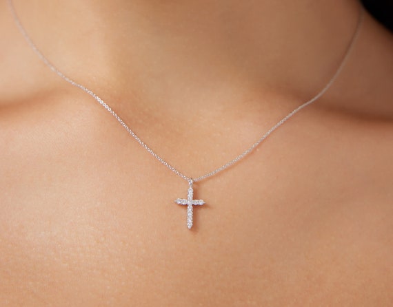 Diamond Cross Necklace 14K Solid White 