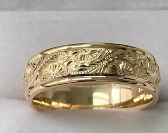 6mm 10K 14K 18K Solid Yellow Gold Hand Engraved Mens Wedding Band, Hand Engraved Mens Wedding Ring, Comfort Fit , Polished ,Rings for Men