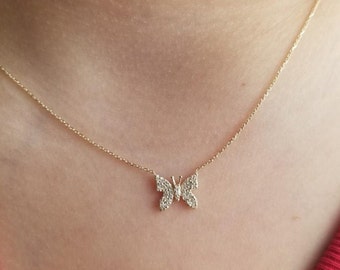 14K Solid Yellow Gold Diamond Butterfly Necklace, Natural Diamond Necklace, Butterfly Necklace, Gold Butterfly Necklace