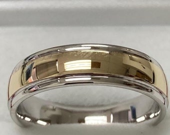 Two Tone Gold Mens Wedding Bands, Shiny Finish Mens Wedding Rings, 6mm 10K 14K 18K White and Yellow Gold Wedding Bands, His and Hers Rings