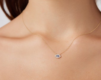 Evil Eye Necklace,14K Solid Yellow Gold Evil Eye Necklace ,Minimalist Evil Eye Necklace, Dainty Evil Eye Necklace, Protection Nazar Necklace