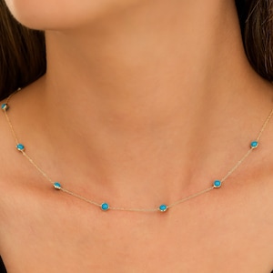 14K Solid Yellow Gold Turquoise Necklace, Turquoise Station Necklace, Bezel Set Beaded Turquoise Necklace, Womens Necklace, Gemstone