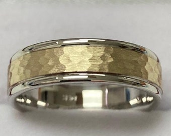 Two Tone Gold Wedding Bands,6mm 14K White & Yellow Gold Mens Wedding Rings, Hammered Finish Mens Wedding Bands, Rings for Men, Gifts for Him