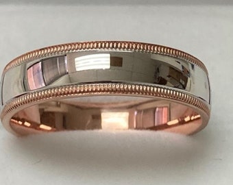 Two Tone Gold Wedding Bands,5mm,10K 14K White and Rose Gold Beveled Edge Mens Wedding Rings,Matching Wedding Bands,His & Hers Wedding Rings