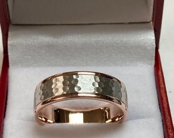 Two Tone Gold Wedding Bands, Hammered Finish Mens Wedding Ring, 7mm 14K Solid White and Rose Gold Mens Wedding Band