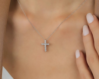 Diamond Cross Necklace, 14K Solid White Gold 0.35 Carat Natural Diamond Cross Necklace, Minimalist Cross Necklace, Small Cross Necklace