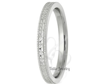 Hand Engraved Wedding Band for Mens,  Hand Engrave Wedding Ring foe Womens, 10K 14K 18K White Gold Wedding Bands, His and Hers Wedding Rings