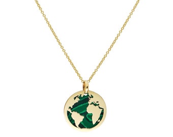 14K Yellow Gold Malachite World Map Necklace, Green Malachite Earth Necklace, World Globe Pendant, Earth Charm , Wanderlust Necklace