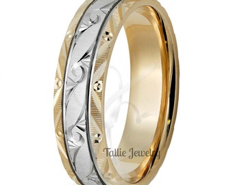 Two Tone Gold Wedding Bands, 6mm14K White and Yellow Gold Hand Engraved Mens Wedding Rings, Matching Wedding Bands, His & Hers Wedding Rings