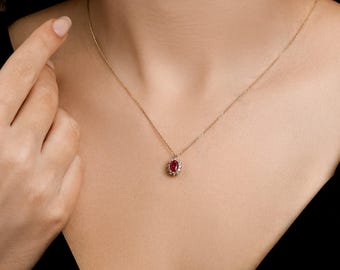 14K Solid Yellow Gold Ruby Necklace, Oval Ruby Solitaire Necklace, Diamond CZ Ruby Necklace, July Birthstone