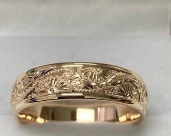 6mm 10K 14K 18K Solid Yellow Gold Hand Engraved Mens Wedding Bands,  Hand Engraved Mens Wedding Rings