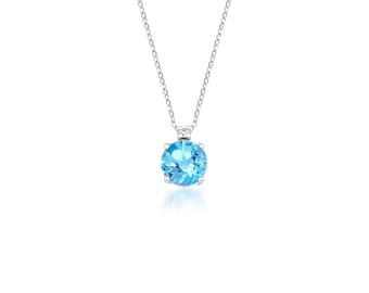 14K Solid White Gold Blue Topaz and Diamond Solitaire Necklace, Natural Round Topaz Necklace, Diamond Necklace, Gemstone Necklace