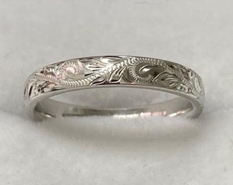 Hand Engraved Wedding Band, Hand Engraved Wedding Ring, 3mm 10K 14K 18K Solid White Gold Mens and Womens Hand Engraved Wedding Bands