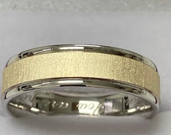 Two Tone Gold Wedding Bands, 6mm 10K 14K 18K White and Yellow Gold Mens Wedding Ring, Brushed Finish Mens Wedding Band