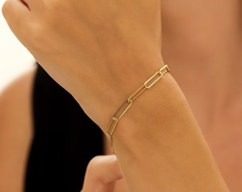 14K Solid Yellow Gold Paperclip Bracelet, 4mm Paper Clip Bracelet, Link Bracelet, Gold Bracelet