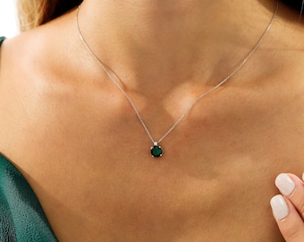 14K Solid White Gold Emerald Solitaire Necklace, Diamond Solitaire Necklace,Round Emerald Necklace,Diamond Necklace,May Birthstone, Gemstone