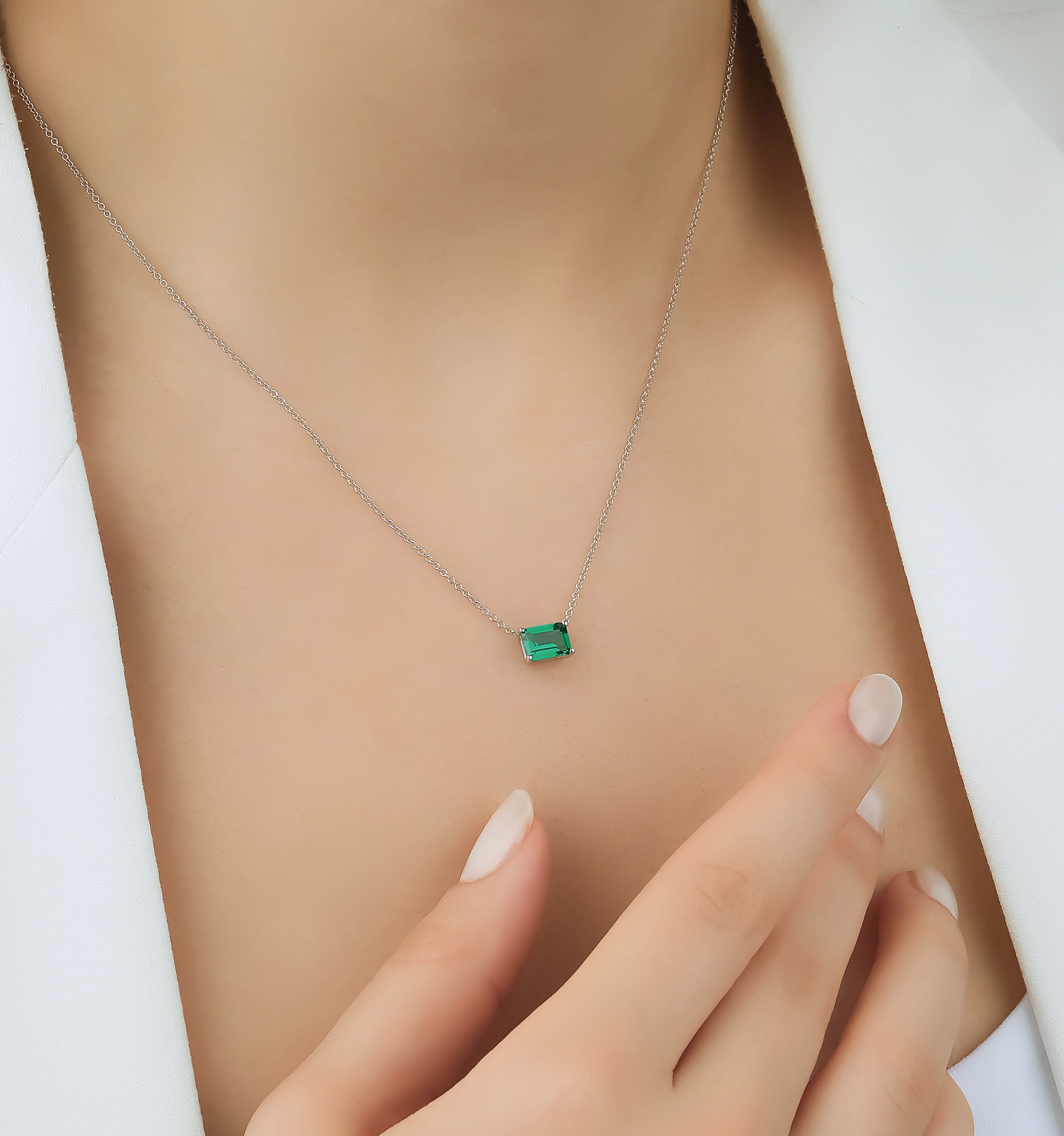 Emerald Cut Emerald Diamond Halo Necklace | Kate Rose Fine Jewelry