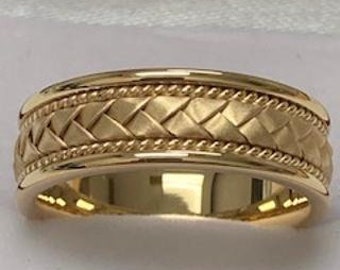 Yellow Gold Mens Wedding Bands ,Handmade Rope Braided Mens Wedding Rings ,7mm 10K 14K 18K Solid Yellow Gold Wedding Band, Rings for Men