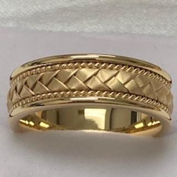 Alianzas de boda de oro amarillo para hombres, anillos de boda trenzados de cuerda trenzada para hombres, 7 mm 10K 14K 18K anillo de boda de oro amarillo sólido, anillos para hombres