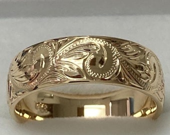 Hand Engraved Mens Wedding Bands,  Hand Engraved Mens Wedding Rings,  7mm 10K 14K 18K Solid Yellow Gold Hand Engraved Rings,  Rings for Men