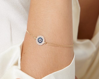 14K Solid Yellow Gold Evil Eye Bracelet, Dainty Evil Eye Bracelet, Minimalist  Round Evil Eye Bracelet, Protection Jewelry, Gifts for Her