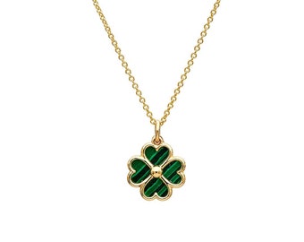 14K Yellow Gold Malachite Four Leaf Clover Necklace, Green Malachite Clover Necklace,Irish Clover Necklace, Malachite Four Leaf Clover Charm