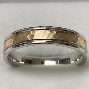 4mm 10K 14K 18K Solid White and Yellow Gold Wedding Bands, Hammered Finish Mens and Womens Wedding Rings, Two Tone Gold Wedding Bands