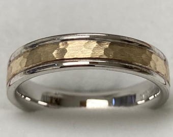 4mm 10K 14K 18K Solid White and Yellow Gold Wedding Bands, Hammered Finish Mens and Womens Wedding Rings, Two Tone Gold Wedding Bands