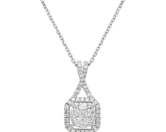 14K Solid White Gold Halo Diamond Necklace, 0.65 Carat Natural Diamond Necklace, Diamond Pendant, Womens Necklace, Bridal Gifts