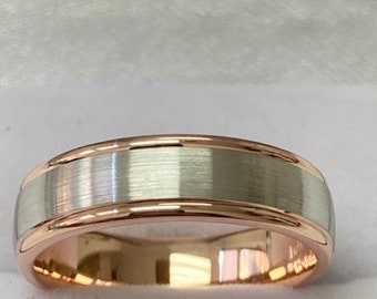 6mm 14K Solid White and Rose Gold Mens Wedding Bands,  Mens Wedding Rings , Two Tone Gold Wedding Bands