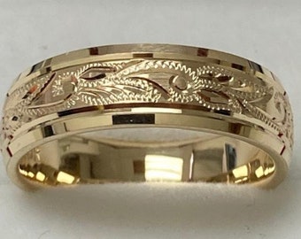 6mm 10K 14K 18K Solid Yellow Gold Hand Engraved Mens Wedding Bands,  Hand Engraved Mens Wedding Rings