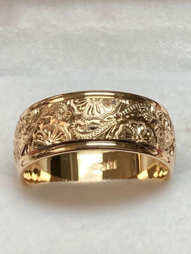Hand Engraved Mens Wedding Rings,10K 14K Yellow Gold