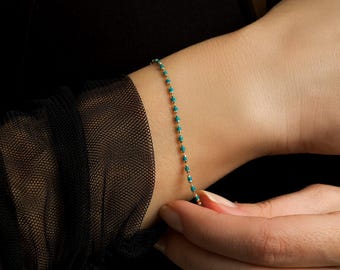 14K Solid Yellow Gold Beaded Bracelet, Blue Enamel Beaded Bracelet, Turquoise Bracelet Gold Bracelet