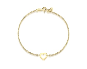 14K Solid Yellow Gold Heart Bracelet, Minimalist Heart Bracelet, Dainty Heart Bracelet, Love Bracelet, Gold Bracelet, Gifts for Her