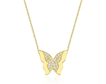 Butterfly Necklace, 14K Solid Yellow Gold Butterfly Necklace, Diamond CZ Butterfly Necklace, Minimalist Butterfly Necklace, Gifts for Her