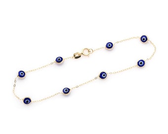 Evil Eye Bracelet, 14K Yellow Gold Evil Eye Station Bracelet, Minimalist Evil Eye Bracelet, Beaded Evil Eye Bracelet, Gifts for Her