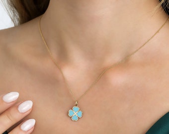14K Yellow Gold Turquoise Four Leaf Clover Necklace, Turquoise Clover Pendant,  Good Luck Necklace, Turquoise Necklace
