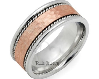 Hammered Finish Two Tone Gold Wedding Bands, 8mm 10K 14K 18K Solid White and Rose Gold Hammered Finish Braided Mens Wedding Rings