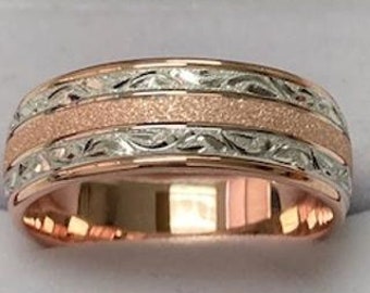 Hand Engraved Mens Wedding Bands Hand Engraved Mens Wedding Ring, 8mm 10K 14K 18K White and Rose Gold Wedding Bands, Two Tone Gold Bands