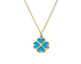 14K Yellow Gold Turquoise Four Leaf Clover Necklace, Turquoise Clover Necklace, Lucky Charm, Irish Clover Necklace, Good Luck Necklace