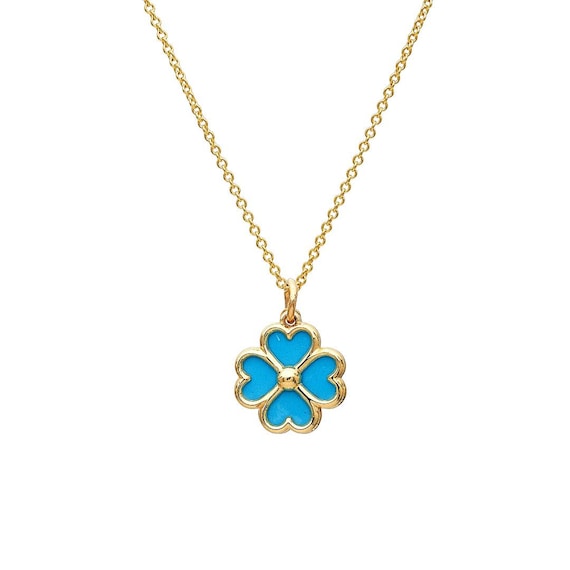 14K Yellow Gold Turquoise Four Leaf Clover Necklace, Turquoise