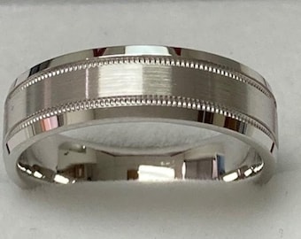 6mm 10K 14K 18K Solid White Gold Wedding Bands, Satin Finish Milgrain Mens Wedding Ring, Beveled Edge Mens Wedding Band, Comfort Fit
