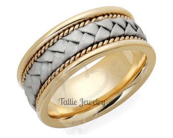 8mm 10K 14K 18K Solid White and Yellow Gold Mens Wedding Band, Braided Mens Wedding Ring, Two Tone Gold Wedding Bands, Two Tone Rings