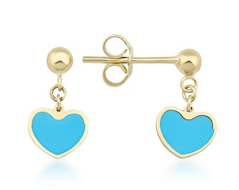 14K Solid Yellow Gold Heart Earrings, Turquoise Heart Earrings, Minimalist Heart Dangle Earrings, Turquoise Stud Earrings