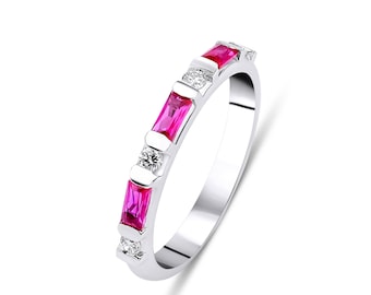 14K Solid White Gold Ruby and Diamond Ring, Baguette Cut Ruby Wedding Band, Natural Diamond Wedding Bands, Eternity Rings, Gemstone Rings