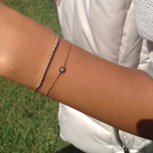 Evil Eye Bracelet, 14K Solid Yellow Gold Evil Eye Bracelet, Dainty shops Evil Eye Bracelet, Minimalist Gold Evil Eye ,Gifts for Her, Gold Bracelet